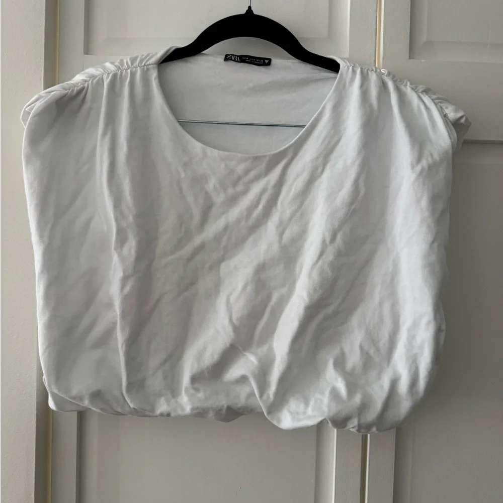 Zara White Cropped Top Structured Cotton Puff Shoulder Medium - Picture 2 of 10